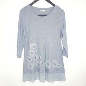 LOGO Lori Goldstein Top Gray Embroidered Tunic Med